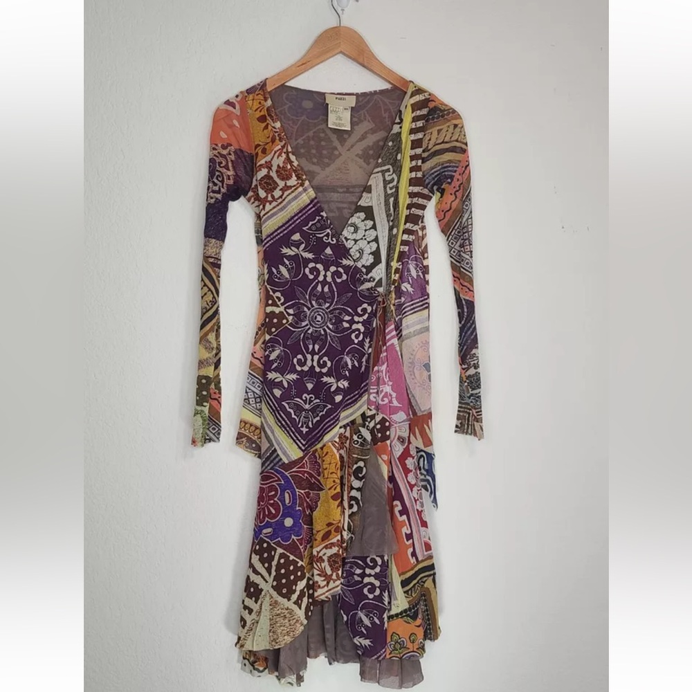Fuzzi GAULTIER Multicolor Y2K Mesh Romantic Dress Mixed Print Boho Size XS